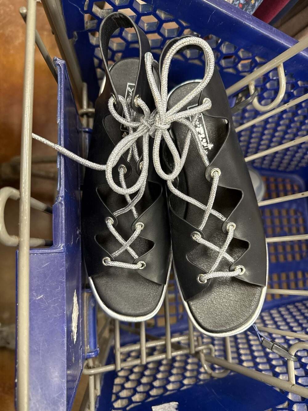 Shoe Fly Black and Silver Lace-Up Platform Sandals. Funky - Goth - Party